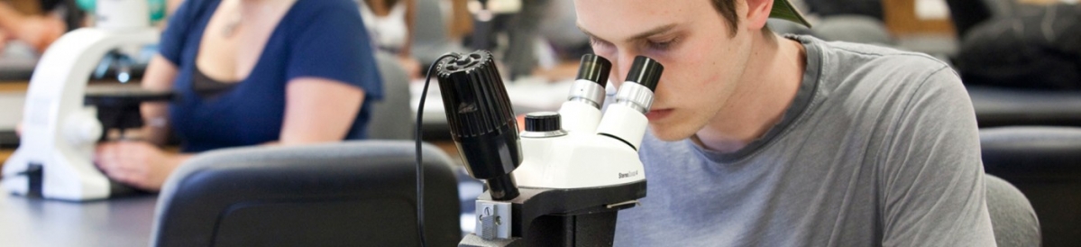A young male student sits at a table, looking through a microscope.