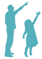 A teal silhouette of a man and girl point to the sky