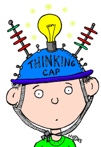 Illustration of a child wearing a blue helmet with a lightbulb and antennas on top, with the words Think Cap written on it.