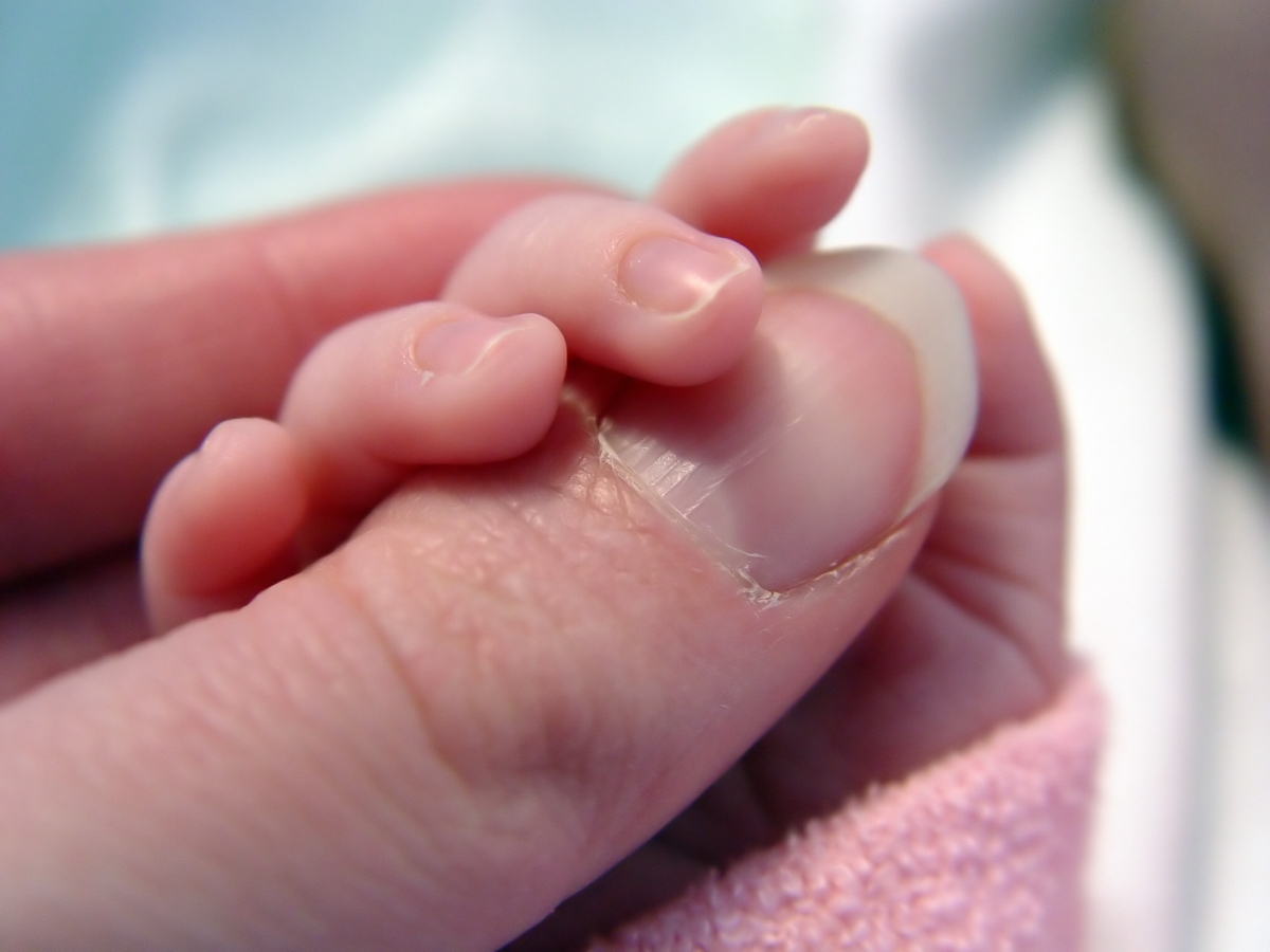 Tiny baby hand holding a mother's thumb