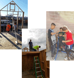 students building tiny house and working on BMX racer